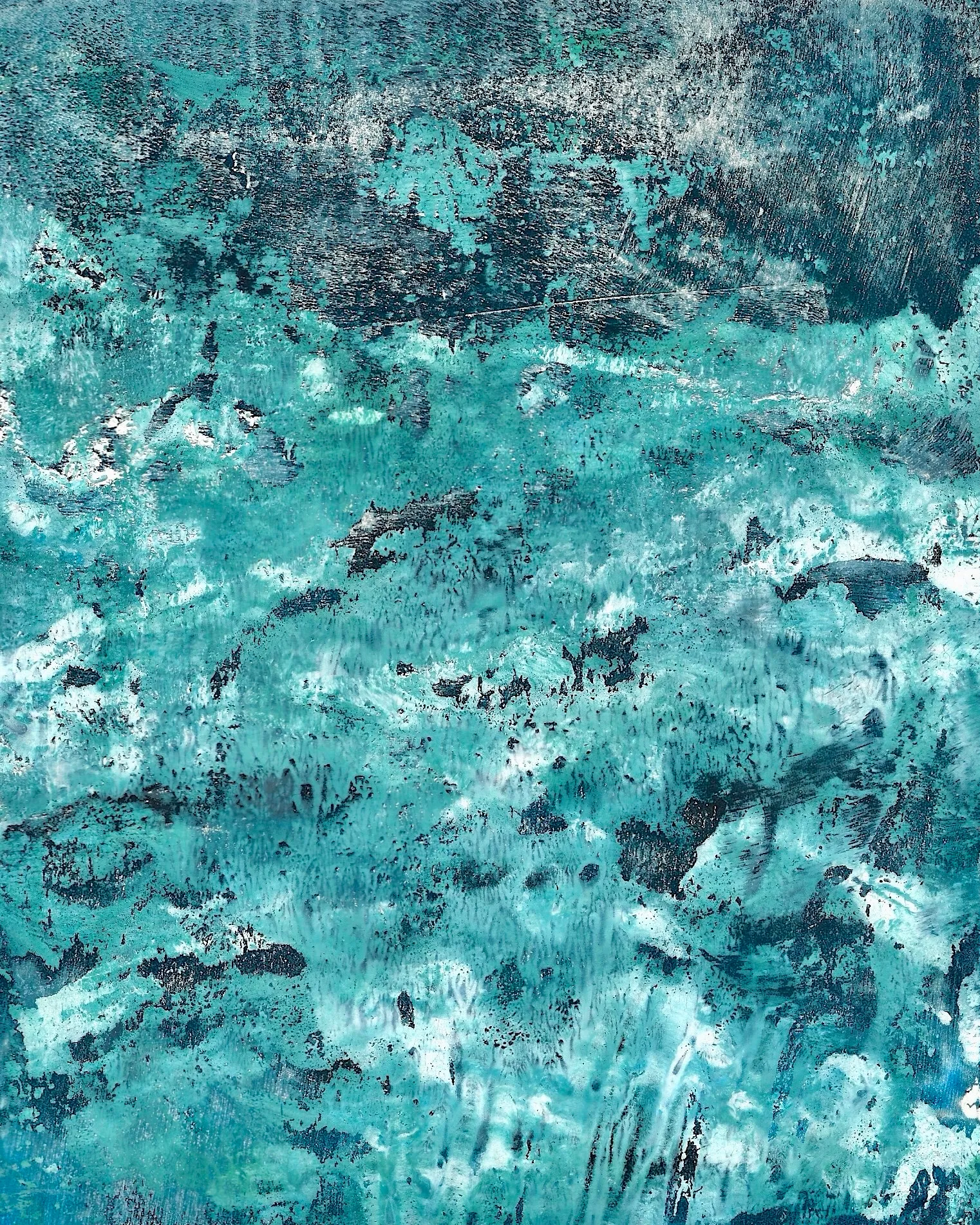 Teal-turquoise textured ground with dark fissure-like cracks and scattered pale speckling.