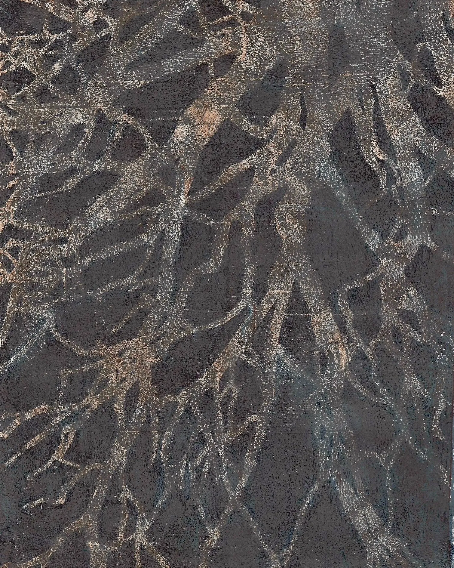 Dark brown ground overlaid with a dense woven lattice of pale interlacing branch-like lines.