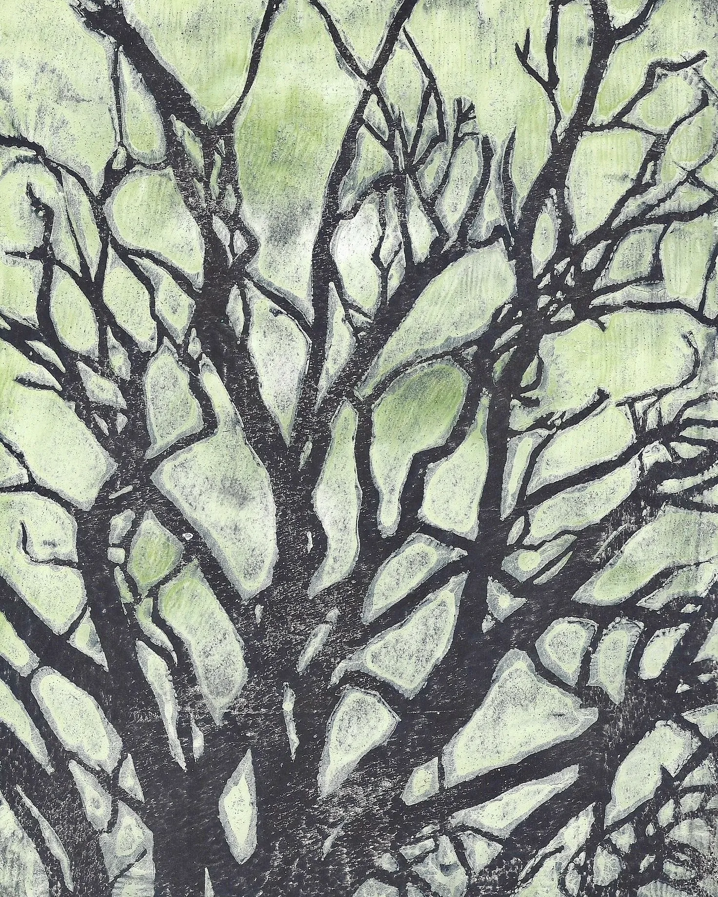 Pale sage-green ground with dark branch lines and pale faceted leaf-shaped forms, a stained-glass-like pattern.