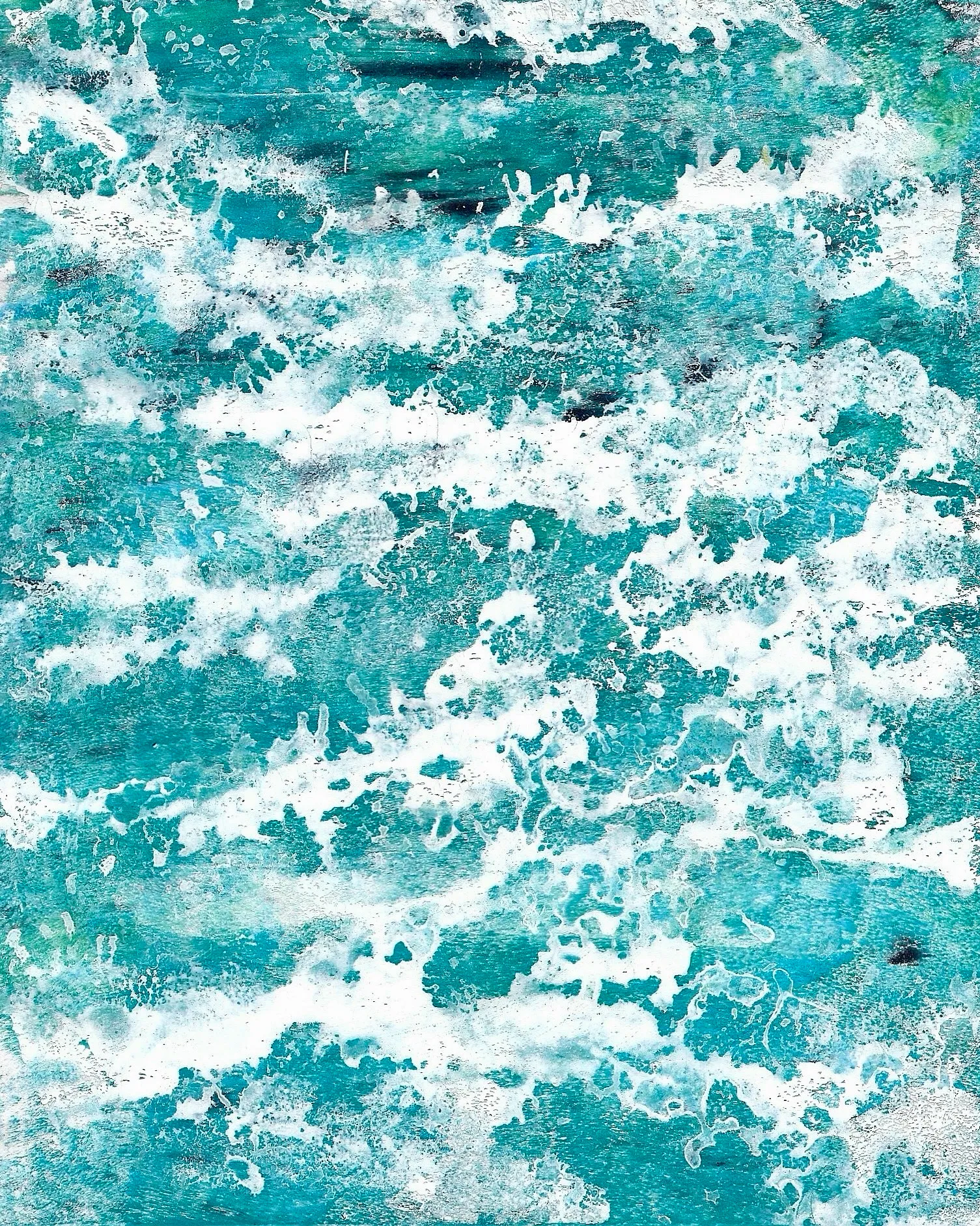 Teal-green ground densely covered in white foam-like splashes and streaks, evoking breaking water.