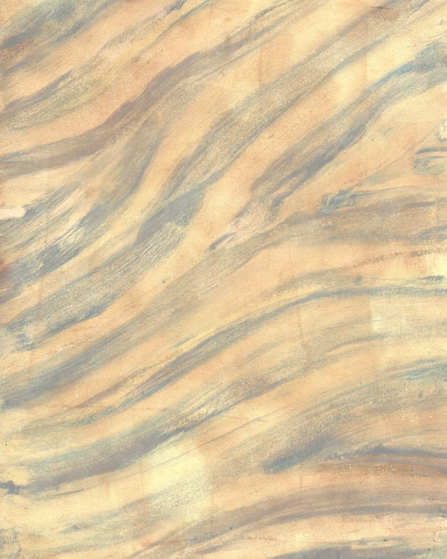 Warm sand-toned ground with diagonal blue-grey wave-like striations.