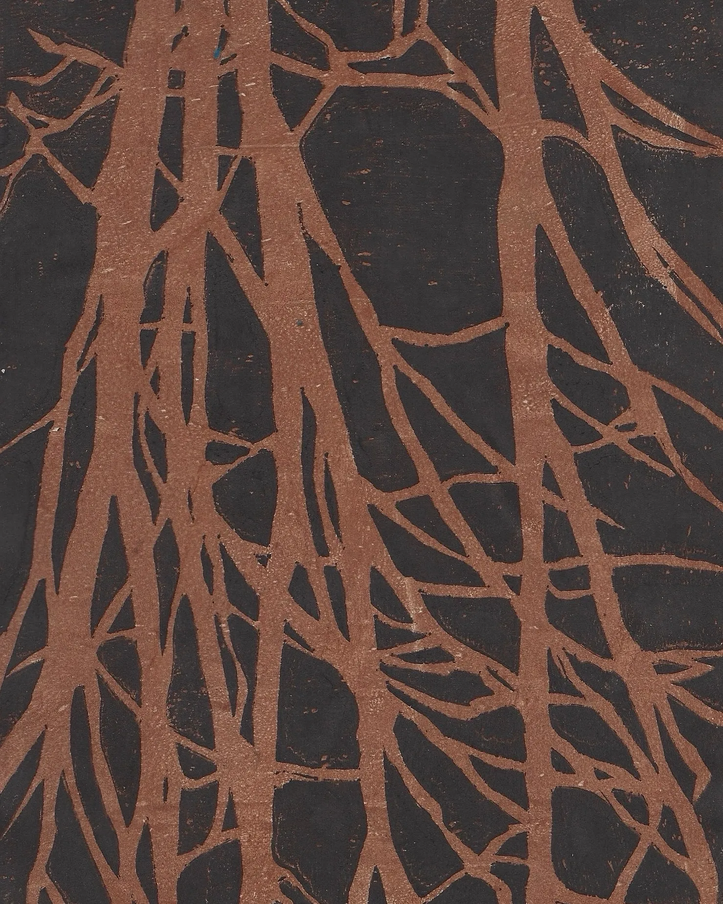 Dark charcoal ground with warm copper-brown root-like branching lines radiating across the surface.